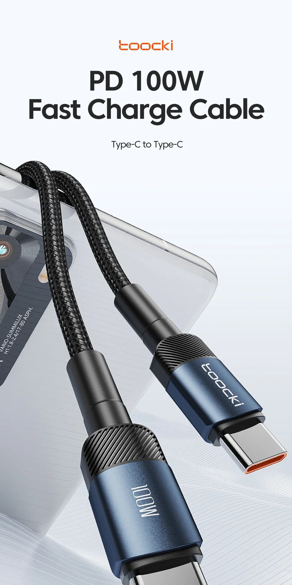 Toocki PD 100W/60W Type-C to Type-C Cable – Quick Charge 3.0 Fast Charging for iPhone 15, Huawei, Samsung, Xiaomi