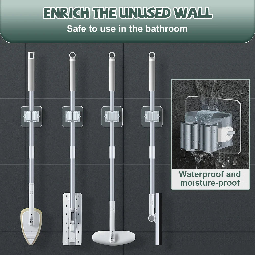 Wall-Mounted Mop Organizer Holder: Waterproof Storage Rack with Broom Hanger Hooks - Set of 4 Household Tools