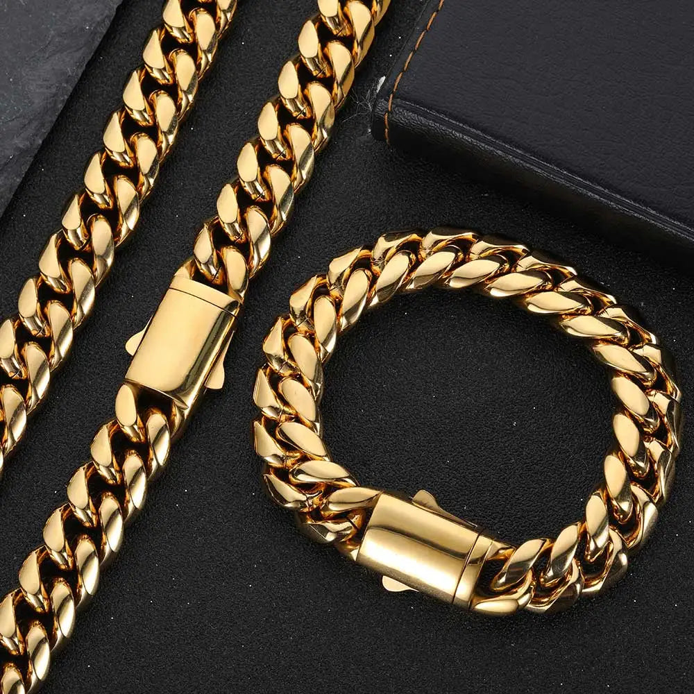 High-Quality Stainless Steel Gold Color Cuban Chain Necklace – 8-14mm Width, Waterproof Curb Link for Men & Women, Multiple Sizes