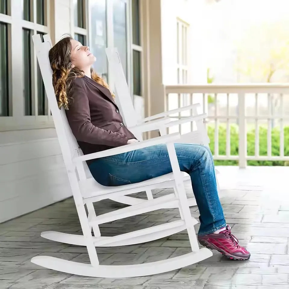 Wooden Porch Rocking Chair – High Back Outdoor Rocker for Adults, Patio & Garden Seating