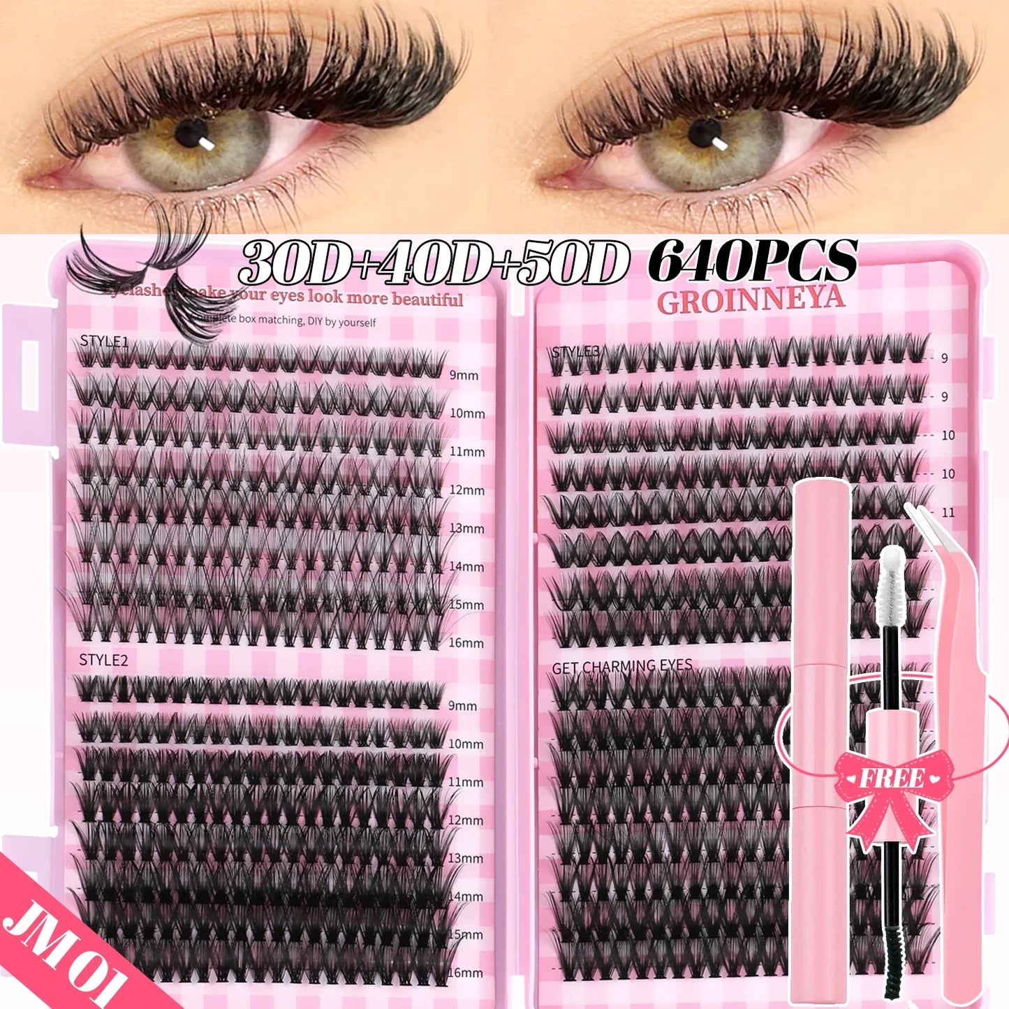 GROINNEYA DIY Mixed Lash Clusters Set – Fluffy Individual Lash Extensions Kit with Bond & Seal for At-Home Makeup