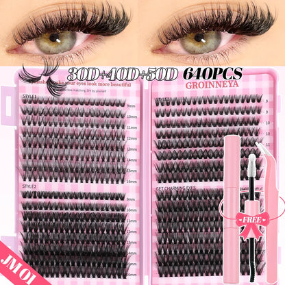 GROINNEYA DIY Mixed Lash Clusters Set – Fluffy Individual Lash Extensions Kit with Bond & Seal for At-Home Makeup