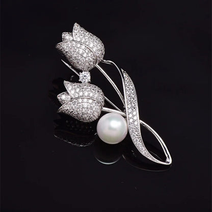 Luxury Tulip Flower Brooch Pin with White Stone – Elegant Rose Floral Jewelry for Women (2023 Design)