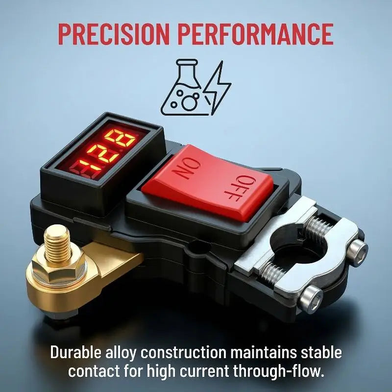 Car Battery Disconnect Switch - 12V/24V Heavy-Duty Master Power Cut-Off with Digital Voltage Display