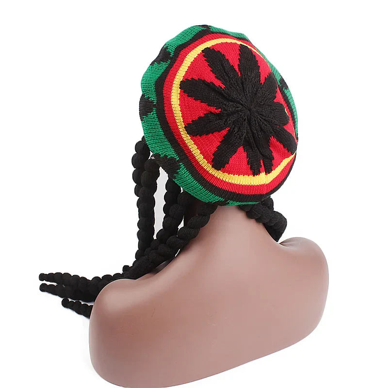 Jamaican Bob Rasta Beanie Hat: Unisex Knitted Braid Hip Hop Cap with Dreadlocks Wig - Bob Marley Caribbean Fancy Dress Accessory