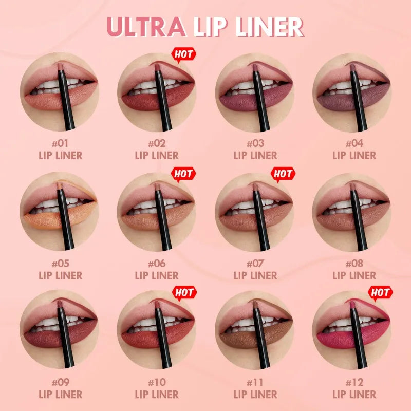 Waterproof Matte Lipliner Pencil – Long Lasting Red Contour Tint, Non-Stick & Moisturizing Lipstick in 12 Colors