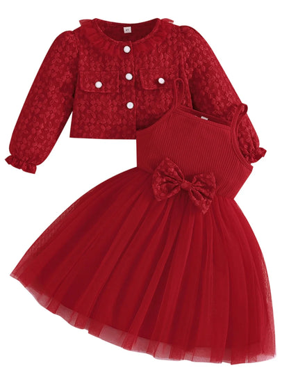 Girls' Summer & Fall 2-Piece Set – Tulle Patchwork Slip Dress with Flower Jacket, Casual Outfit for Ages 2-8Y