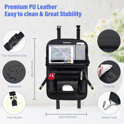 PU Leather Car Seat Back Organizer – Auto Storage Bag with Foldable Table Tray, Tablet Holder, and Tissue Box Pockets
