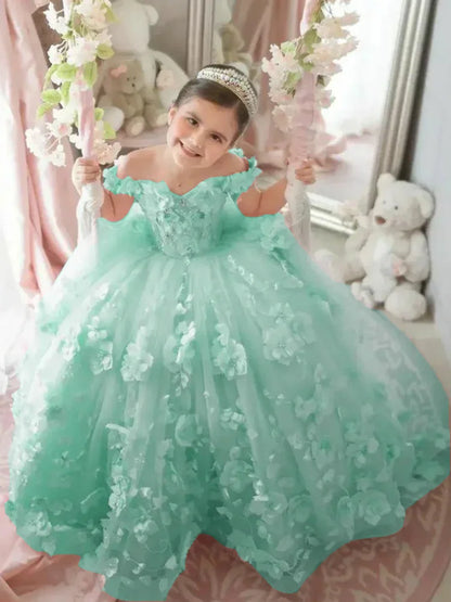 Pink Flower Girl Dress - 3D Floral Applique Pearl Tulle Gown for Weddings & Parties