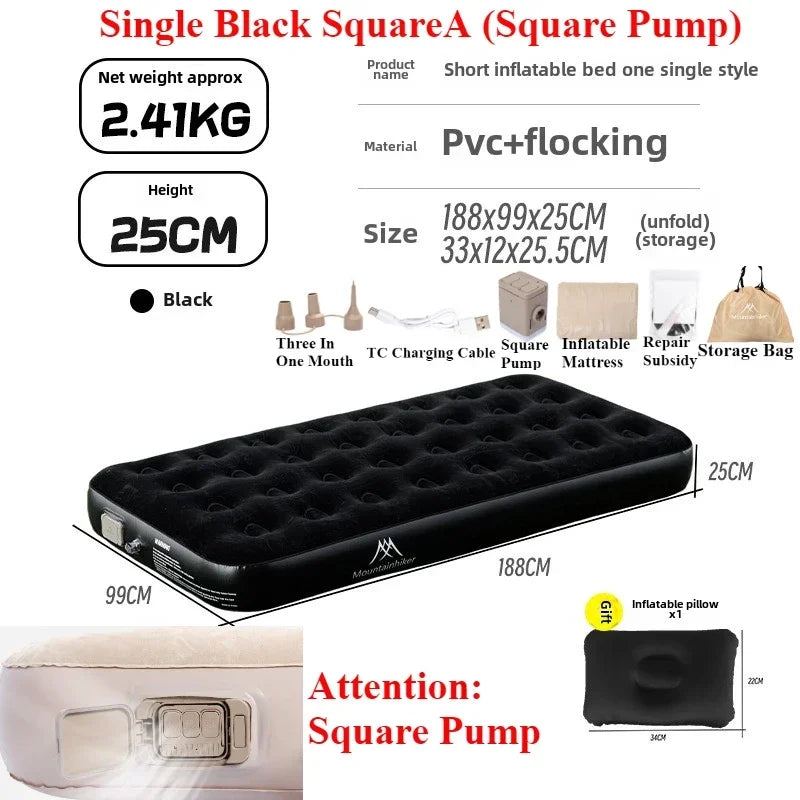 MOUNTAINHIKER 2025 Inflatable Air Mattress – PVC Glamping Sleeping Mat with Built-in Pump for 1-3 Persons