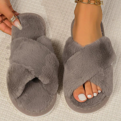 Women’s Cross Band Fur Slippers – Fluffy Open-Toe Plush Home Shoes with Soft Non-Slip Sole