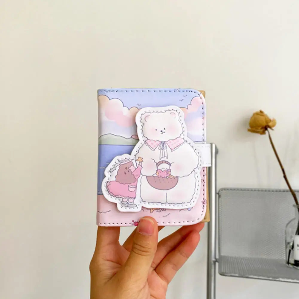 Cute Bear Women’s Wallet — Short Leather Coin Purse, Cartoon Card Holder, Three-Fold Clutch for Students