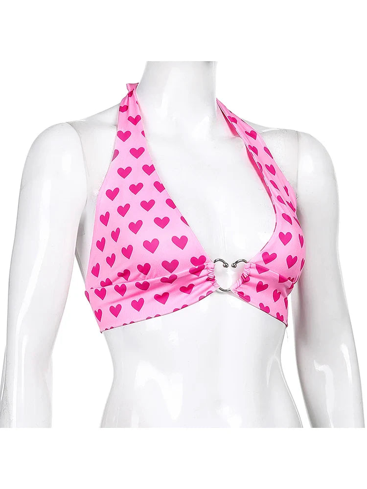 Pink Heart Print Bustier Crop Top for Women – Kawaii Aesthetic Lace-Up Backless Bralette Camisole Sleeveless Fashion Top
