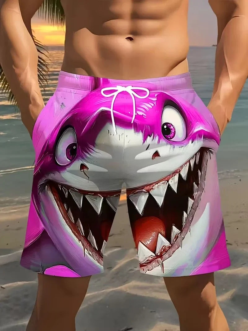 3D Shark Print Swim Shorts - Quick-Dry Drawstring Beach Trunks