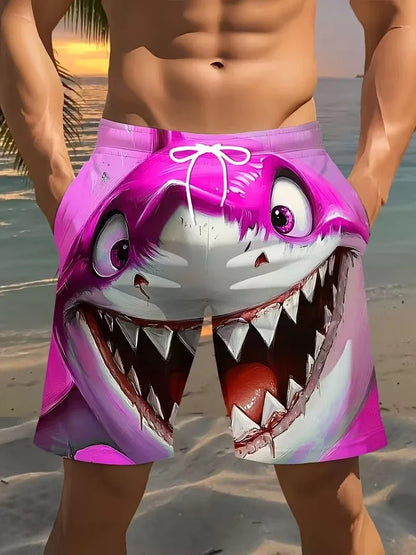 3D Shark Print Swim Shorts - Quick-Dry Drawstring Beach Trunks