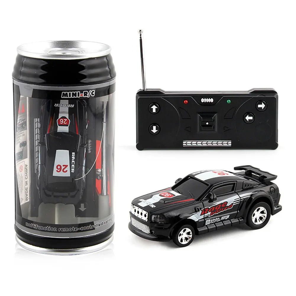 Coke Can Mini RC Car — Battery-Operated Plastic Remote Control Racing Vehicle with Roadblocks, Micro Racing Toy for Kids & Boys