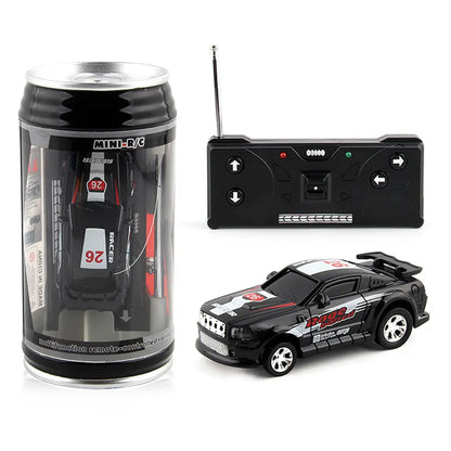 Coke Can Mini RC Car — Battery-Operated Plastic Remote Control Racing Vehicle with Roadblocks, Micro Racing Toy for Kids & Boys