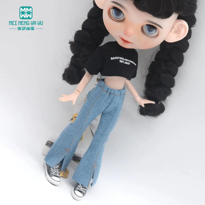 Blythe Doll Clothes – Fashion Tops, Black & White Shirts with Jeans & Plaid Pants for Azone OB22/OB24 Dolls