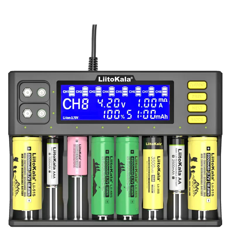 LiitoKala Lii-S8 Lii-S12 CH4 Multi-Function Battery Charger – 18650, 26650, 21700, 26700, AA, AAA Li-ion, NiMH, LiFePO4 Compatible