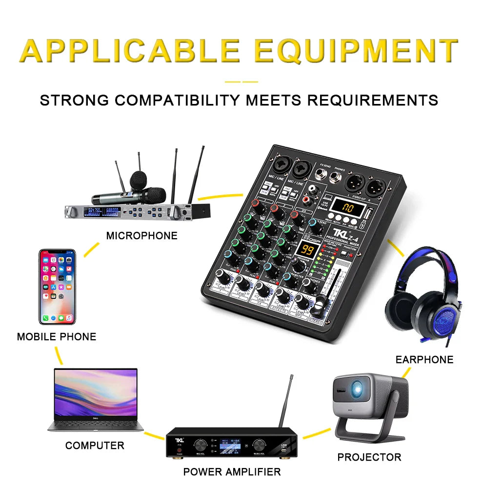 TKL 4-Channel DSP Audio Mixer with 48V Phantom Power, USB, Bluetooth DJ Console for Karaoke Studio Mixing