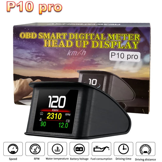 P10 Pro Head-Up Display – On-Board OBD2 Computer with Digital Speedometer, Mileage, Temperature & Driving Data Gauge