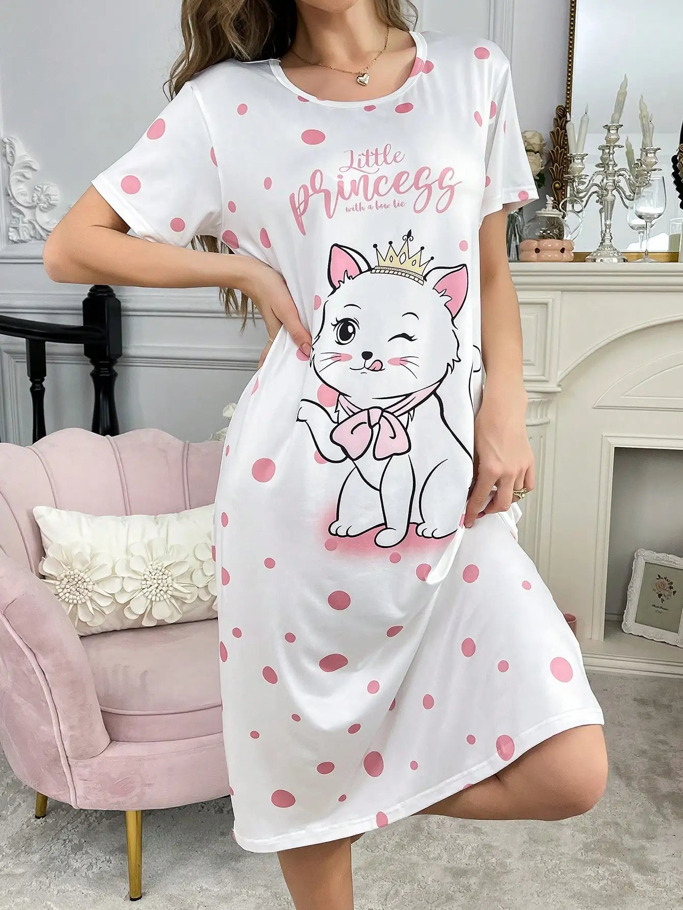 Women's White Cat Print Polka Dot Nightdress with Bow Detail