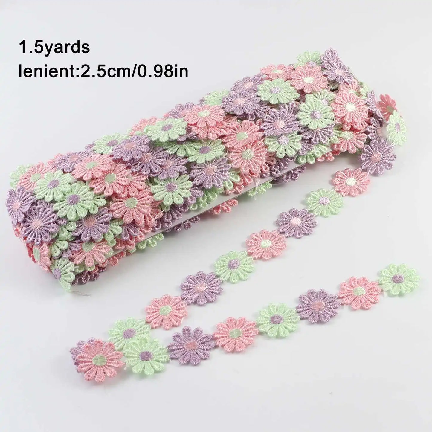 Daisy Flower Lace Trim Ribbon – 2.5CM Wide, 1.5 Yards Embroidered DIY Patchwork Sewing & Craft Supplies, Colorful