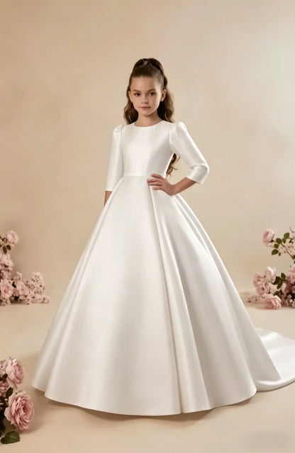 Girls First Communion Satin Dress - Long Sleeve A-Line Princess Gown for Weddings & Parties
