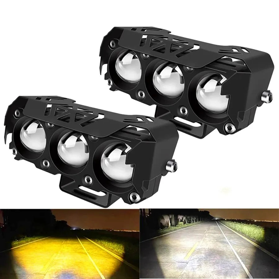 Motorcycle LED Spotlight — Dual-Color Hi/Low Beam Fog Lamp for Cars, Trucks, SUVs & UTVs, 12V/24V Mini Lens Driving Light