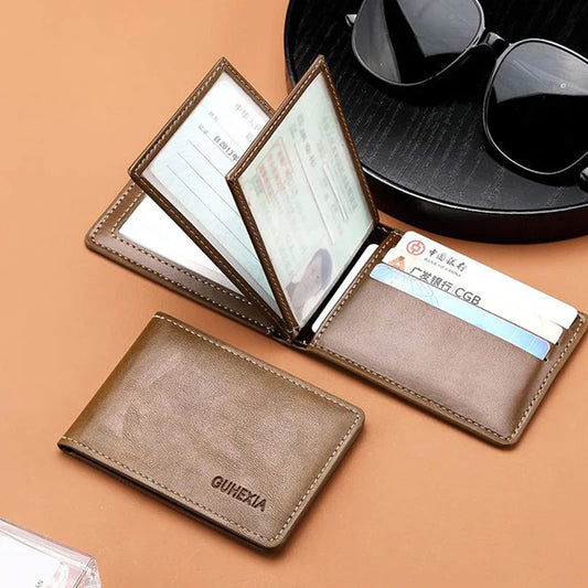 Retro Leather Driver’s License Wallet – Ultra-Thin Men’s ID Card Holder with Coin Purse, Multifunctional Slim Solid Color Short Wallet