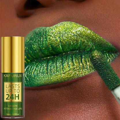 Green Glitter Lip Glaze – Waterproof, Long-Lasting Metallic Lip Gloss with Bold Pearlescent Tint Makeup