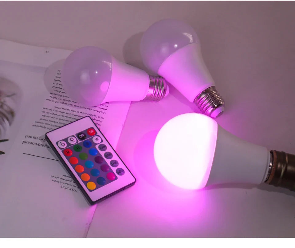 16-Color RGB LED Bulb E27 – Dimmable Multicolor 220V Household Lighting with 24-Key Remote & Neon Atmosphere Light