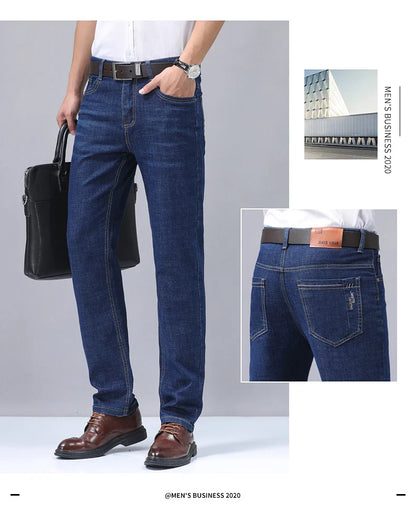 Men’s Casual Comfortable Jeans – Straight Loose Fit High Waist Elastic Trousers for All Seasons & Office Wear
