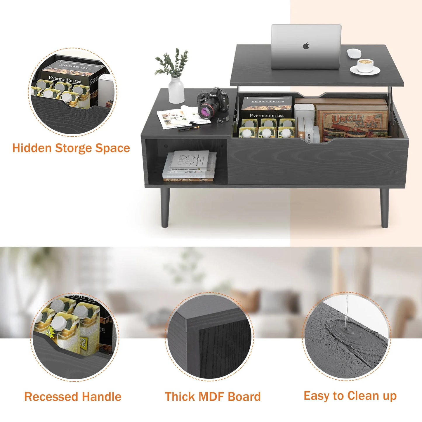 Lift Top Coffee Table for Living Room - 39.37"x19.7" Adjustable Desk with Storage Shelf - Easy Lift or Lower Tea Wood Dining Table
