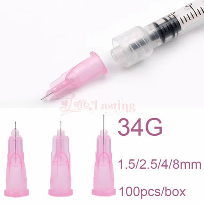 100PCS 34G Tattoo Needles (1.5mm, 2.5mm, 4mm, 8mm) - Transparent Syringe Injection & Painless Teeth Irrigator Parts
