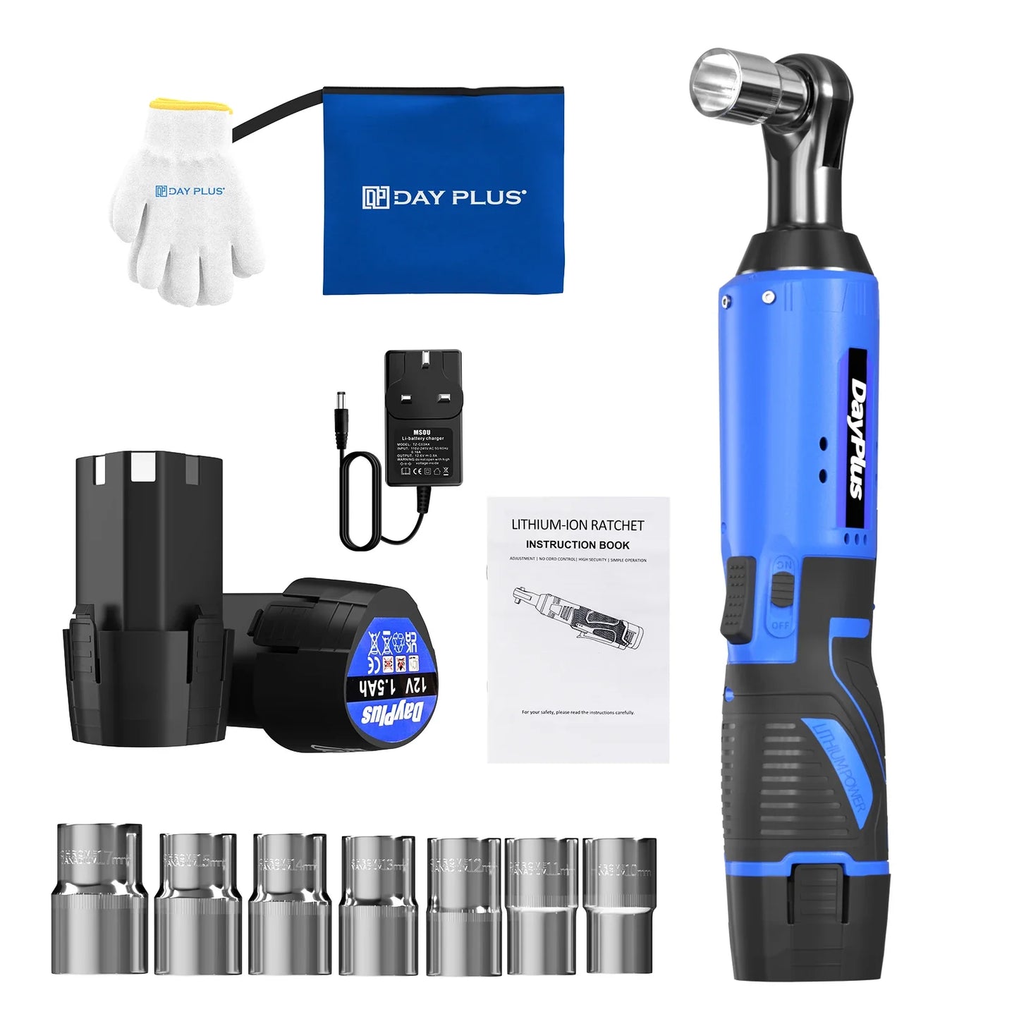 Electric Cordless 3/8" Right Angle Ratchet Wrench — 90° Power Ratchet with LED Light, +7PCS Sockets & 2 Batteries