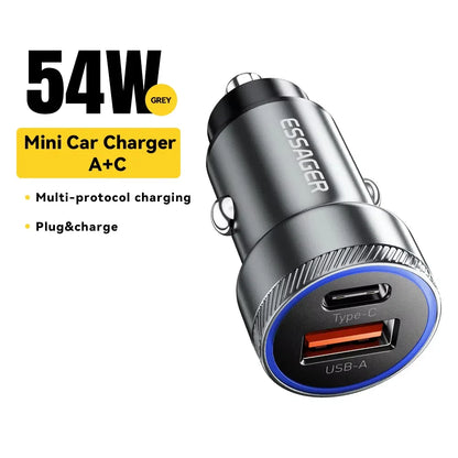 Essager 54W Car Charger – 5A Fast Charging USB Type-C QC 3.0 PD 3.0 SCP Dual Port Quick Charge Adapter for iPhone, Samsung & Xiaomi Devices