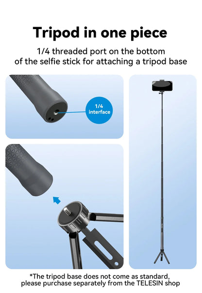 TELESIN 1.2M/3M Carbon Fiber Selfie Stick Monopod - Extendable with 1/4'' Screw for GoPro, Insta360, Osmo Action, DJI Action Camera