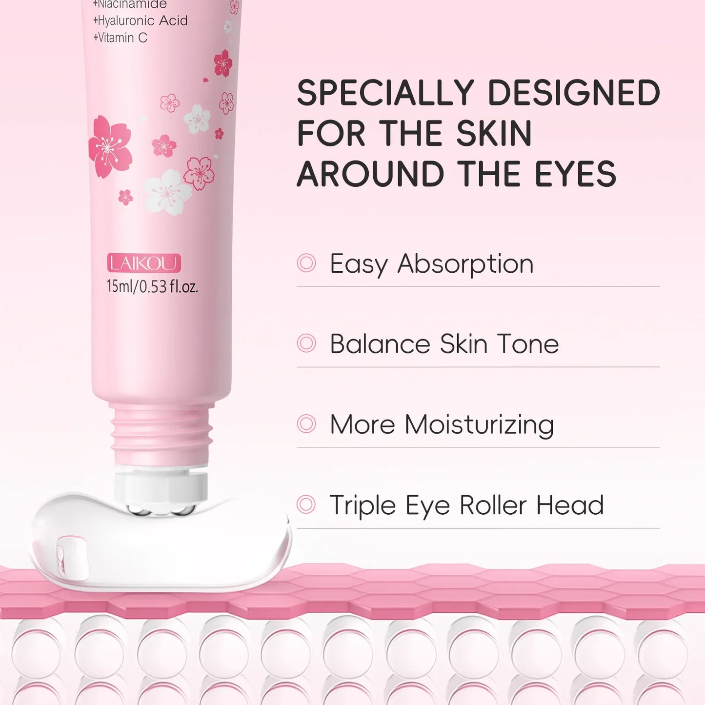 LAIKOU Sakura Eye Serum Roller — Hyaluronic Acid Moisturizing Cream for Eye Bags & Dark Circles, 15ml