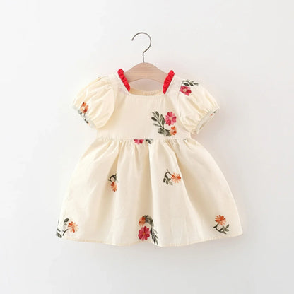 Summer Baby Girl Dress – Cute Embroidered Cotton Skirt with Bubble Sleeves, 0-3 Years