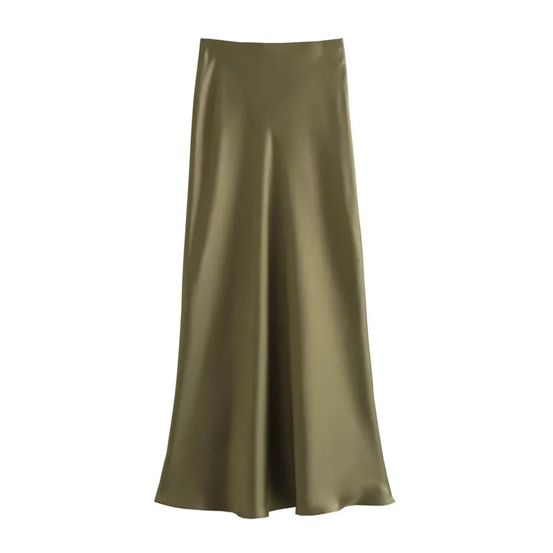 TRAF Women’s 2024 Satin Skirt — High Waist Black Midi Summer Skirt, Elegant Office Long Skirt for Women
