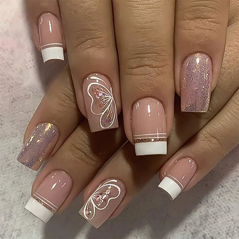 24PCS Short Press On Nails - Shimmer Ballet French Full Cover Artificial Nail Tips for Daily Manicure Style