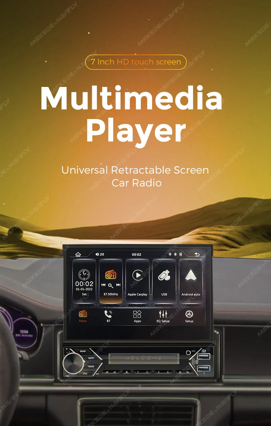 Carplay Android Auto 1 Din MP5 Player - 7 Inch Retractable Touch Screen, FM Radio, Mirror Link, Manual & Automatic Car Player