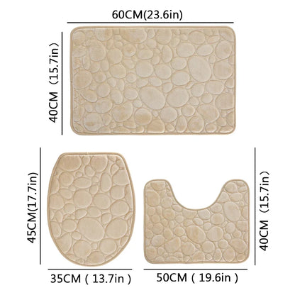 Solid Color Bathroom Floor Mat Set – Water-Absorbing, Non-Slip Stone Pattern, Comfortable & Soft 3-Piece Set