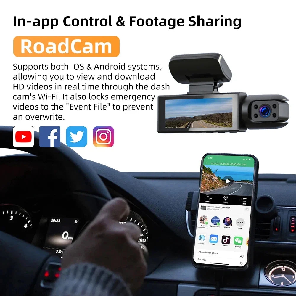 1080P WiFi Dual Camera Dash Cam — Front & Inside Car DVR with IR Night Vision, Loop Recording & Wide-Angle Lens