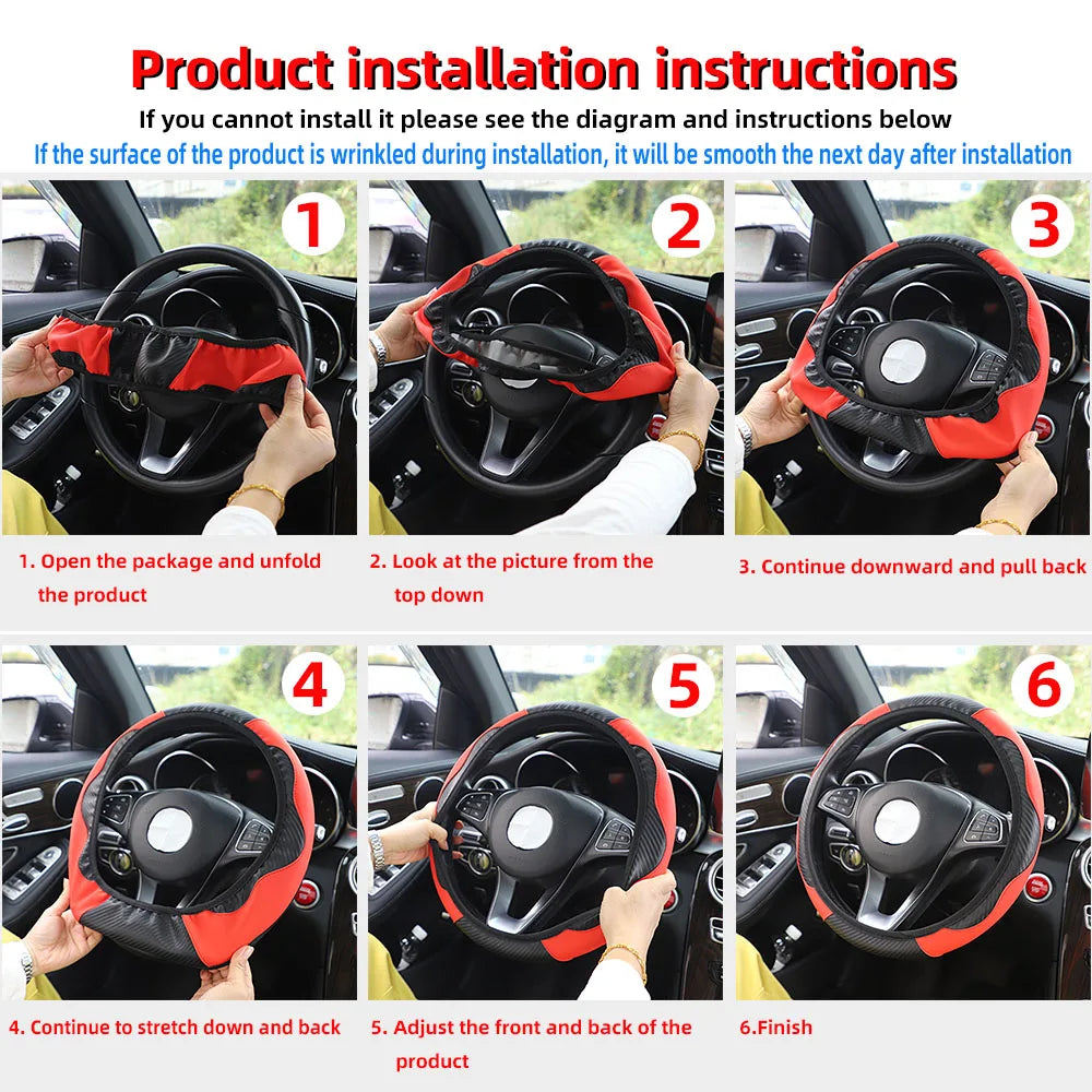 PU Carbon Fiber Leather Steering Wheel Cover — No Inner Ring, Fits 14.5-15 Inch Cars