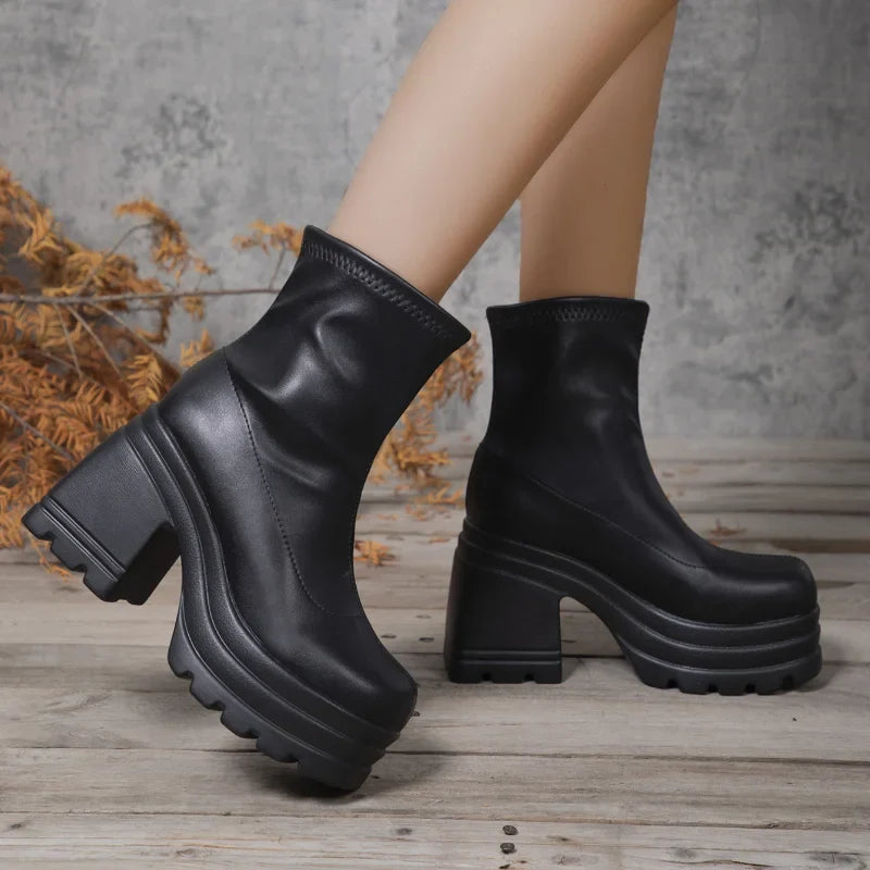 Women’s New Fashion Short Boots – Sexy Leather, Square Toe, Zipper High Heels, Casual Thick-Soled Shoes Zapatos