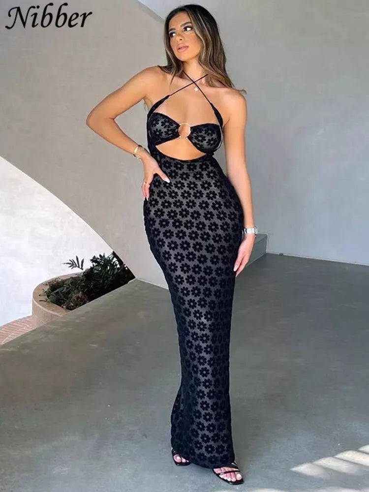 Nibber Solid Color Maxi Dress: Sexy Hollow Perspective Women's Fashion - Street Trendy Clothing for Bag Hips Robe