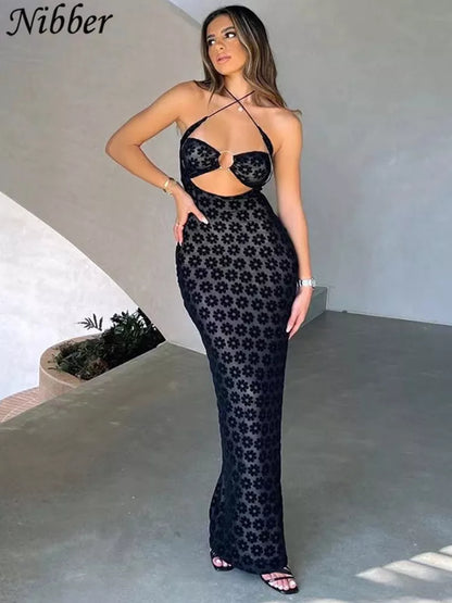 Nibber Solid Color Maxi Dress: Sexy Hollow Perspective Women's Fashion - Street Trendy Clothing for Bag Hips Robe