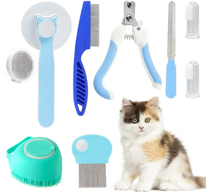 8Pcs Cat Grooming Kit – Flea Comb, Shedding Brush, Pet Shampoo Bath Brush & Silicone Toothbrush Set for Cats & Pets